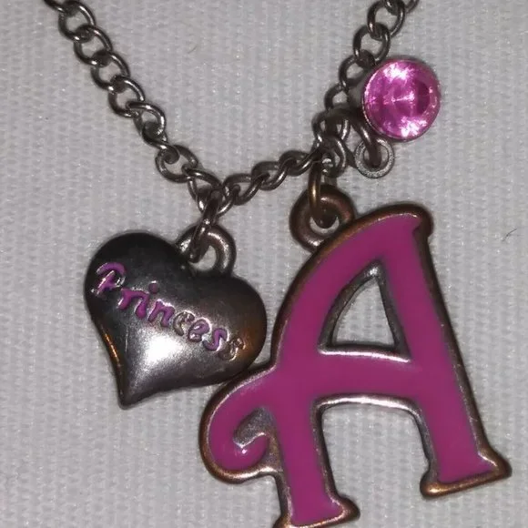 PINK LETTER "A" w/PRINCESS CHARM NECKLACE AND PRINCESS CHARM EARRINGS CA 00691 - Picture 3 of 12